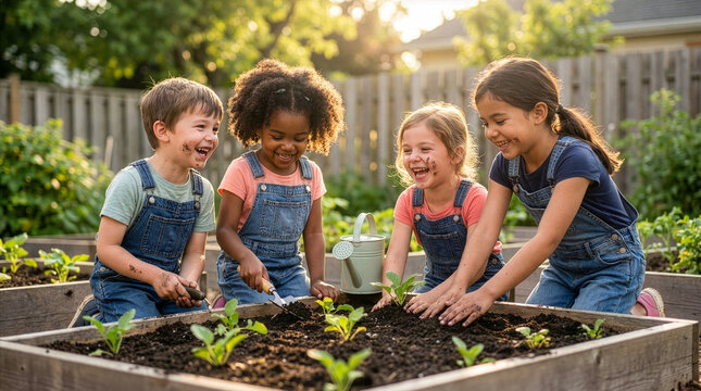 Children gardening. Happy diverse children gardening together in backyard, planting vegetables in raised garden bed.