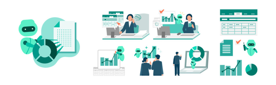 Business professionals analyzing data and making decisions using AI visualization for strategic planning and modern workforce collaboration in a flat design style