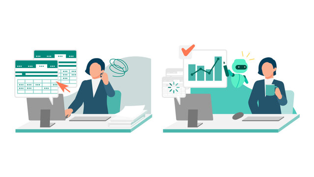 Businesswoman experiencing professional development and productivity through AI data automation by shifting from manual spreadsheet input to efficient workload management