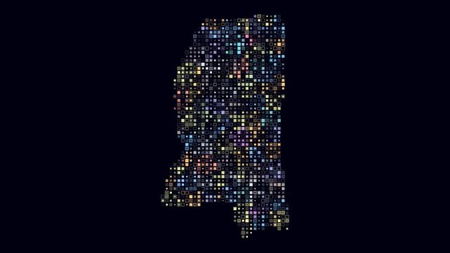 Mississippi animated shape. Pulsating colored dots on the map of the state. Small size square blocks. Digital style Mississippi map on dark background. Artistic animation video.