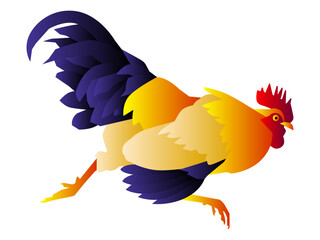A stylized vector illustration of a rooster in mid-sprint, rendered in a modern paper-cut art style with a colorful yellow and orange body and deep violet-blue tail and wings. © OnePencils