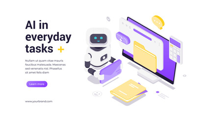 Fototapeta premium Isometric vector banner template showing robot holding tablet managing daily tasks on digital interface with files, charts, and icons, representing AI, automation, and modern workflow