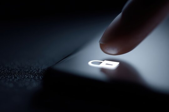 Finger pressing secure lock icon on phone, encrypted messaging concept