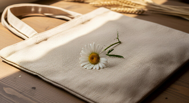 Rustic tote bag mockup with daisy tote bag mockup mockup fabric bag tote blank canvas cloth design eco fashion cotton shopping empty background