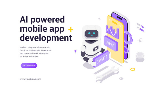 Isometric vector banner template featuring robot holding Swift sign with smartphone displaying app analytics, surrounded by gears and icons, representing AI-powered mobile development solutions
