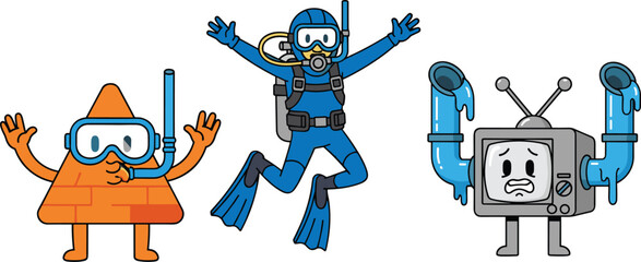 PrintCartoon Snorkeling Characters and Funny Underwater Mascots Including Diver, Geometric Creature, and Vintage TV with Pipes Vector Illustration Set © mstLilima