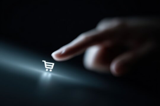 Finger touching digital shopping cart icon floating on screen, e-commerce concept