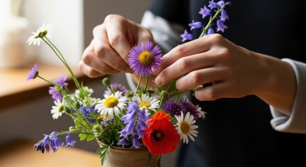 Fototapeta premium Arranging wildflowers by hand in a cozy indoor setting, close-up view capturing natural colors and delicate petals for floral hobbyist content