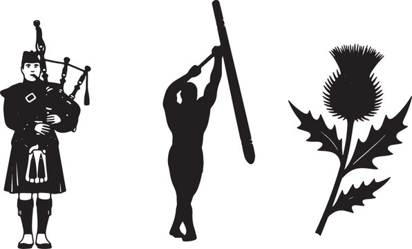 Scottish bagpiper silhouette, thistle flower, and golfer icons, black vector graphics isolated on Transparent Background