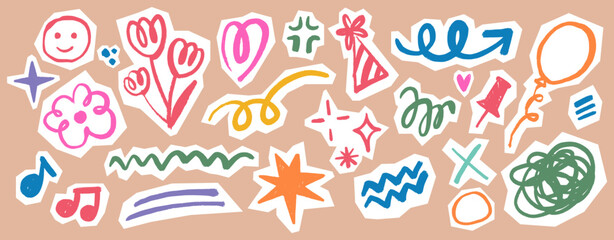Kids Birthday Scribble Doodle Set. Scrapbook hand drawn party elements in childish crayon style. Cute stickers with balloons, flowers, stars, hearts, party hats, confetti, sparkles with cutout edges.