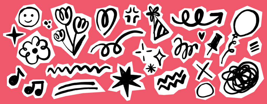 Festive Scribble Doodle Set. Fun Scrapbook hand drawn party elements in childish crayon style. Cute kids stickers with balloons, flowers, stars, hearts, party hat, confetti, sparkles with cutout edges