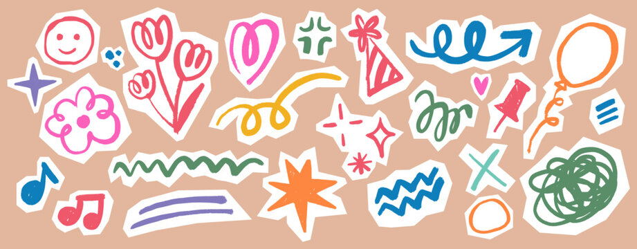 Kids Birthday Scribble Doodle Set. Scrapbook hand drawn party elements in childish crayon style. Cute stickers with balloons, flowers, stars, hearts, party hats, confetti, sparkles with cutout edges.