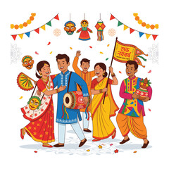 Obraz premium Vector illustration of a vibrant Bengali New Year celebration, Pohela Boishakh festival parade with traditional Bangladesh and India cultural design elements, colorful heritage festival