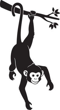 A monkey hanging upside down from a tree branch isolated on transparent background, Vector