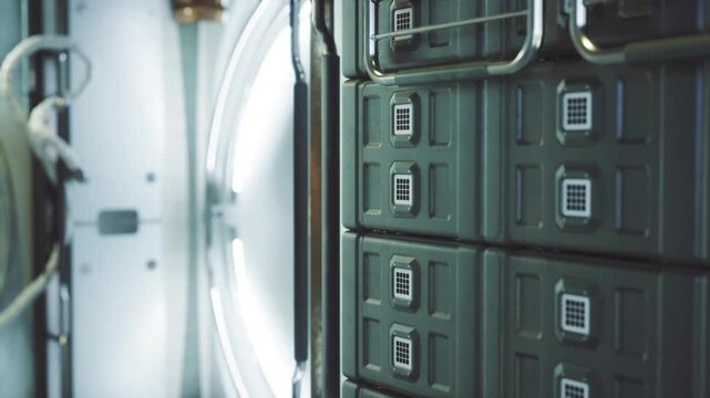 Space station locker corridor showing metallic panels and circular hatch, closeup of secured storage lockers, cool LED lighting, exposed cables and handrails,