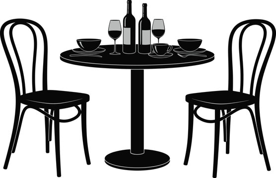 black silhouette of round dining table with two chairs, plates, bowls, wine bottles, and glasses, modern vector illustration for decor projects