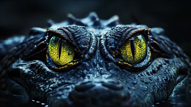 Close-up of reptilian eyes. Yellow irises, textured skin in deep blues and blacks. Focus on predatory gaze