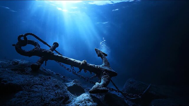 Submerged anchor on ocean floor with chain resting on a dark seabed. Light rays shine down