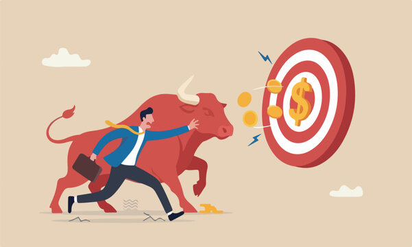 Financial risk,red big bullseye target making money, debt or loss problem, chasing investment return, danger or crisis, businessman risk himself chasing money to grab flying dollar gold coin