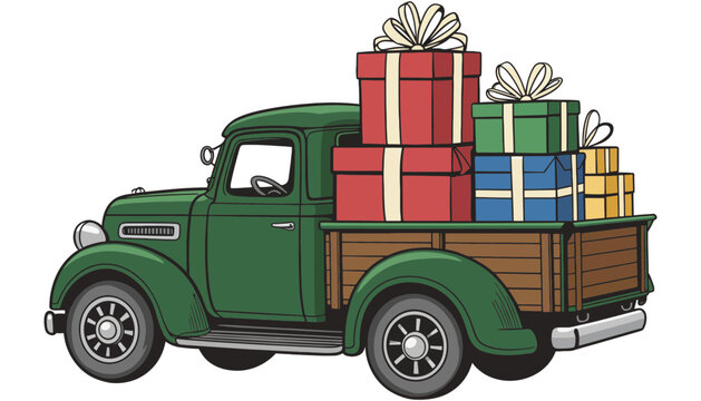 Truck loaded with colorful presents in the back for Christmas delivery