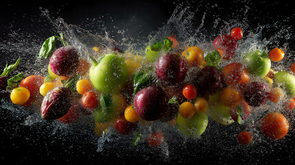 Dynamic flying fresh tropical fruits crisp vegetables water splashes © NOVA ELiON