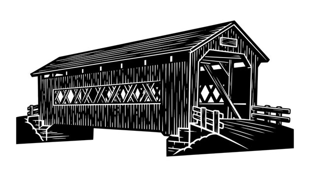 A black and white illustration of a covered bridge silhouette vector