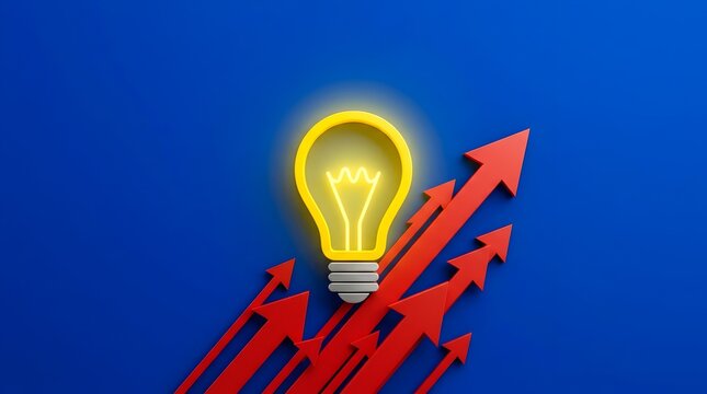 Lightbulb with Upward Arrows Representing Growth on Blue Background