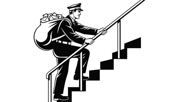 A mailman climbing stairs with a large mail bag on his back