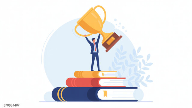 Minimalist 2D illustration of achievement and education concept showing person in blue suit triumphantly raising trophy on colorful book stack
