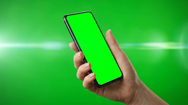 A hand holding a smartphone with a green screen in front of a green background for video content
