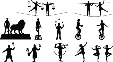 Circus performance silhouette collection featuring tightrope walkers lion tamer jugglers unicyclists fire breathers acrobats and gymnasts isolated on a clean white background for design © Tanzila