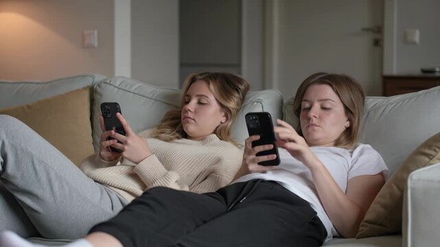 Teenager girls using mobile phone while scrolling on social media at home - Technology and young people concept - Models by AI generative