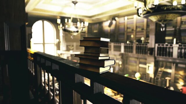 Antique book stack on wooden banister, sunlit dust motes and sepia tones create archival ambiance, scene suggests preservation and cultural memory with worn