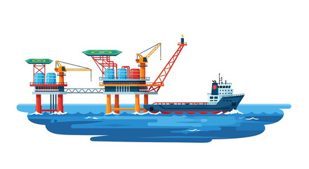 An offshore oil rig illustration with a tanker ship and drilling equipment on a blue background, representing natural resources and crude oil production for the global business and energy © RizqiArdi