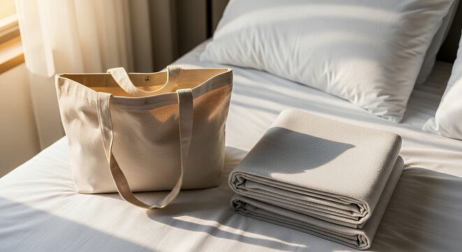 Totebag tote bag tote-bag mockup for design and fashion a neatly folded blanket and a tote bag rest on a bed with a pillow illuminated by natural light from a nearby window tote bag mockup mockup fabr