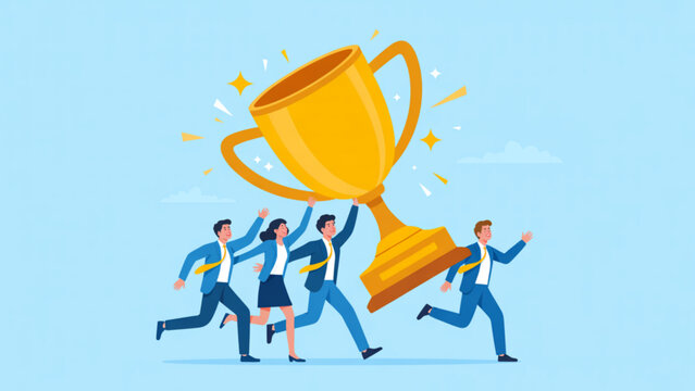 Modern vector of four professionals celebrating success while carrying golden trophy dynamic teamwork and leadership concept flat illustration