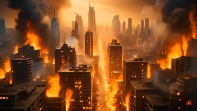 Post-apocalyptic city in flames with burning buildings and smog at dusk