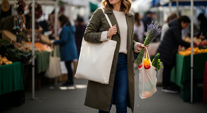 Woman in coat with white cotton bag on her shoulder mockup and zero waste concept tote bag mockup mockup fabric bag tote blank canvas cloth design eco fashion cotton shopping empty background