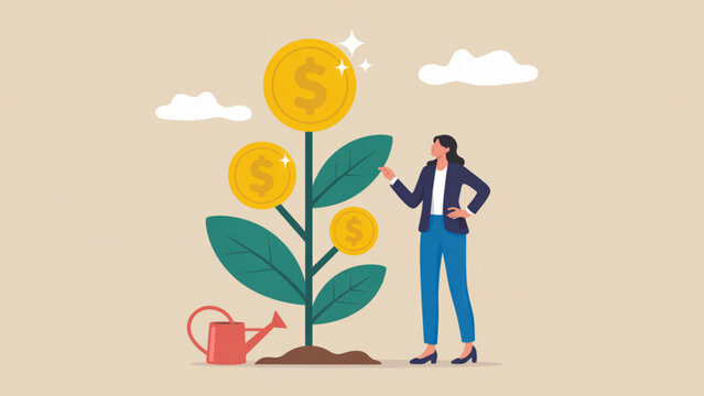 Modern vector concept of financial growth featuring businesswoman, money tree with golden coins, and watering can simple flat illustration