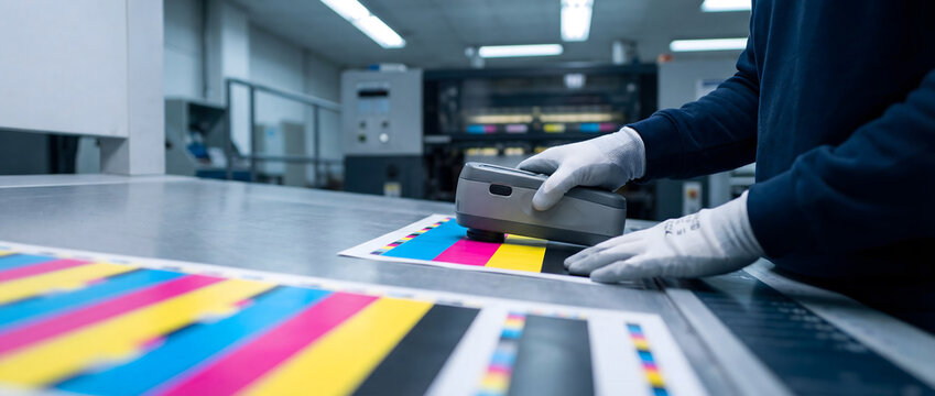 Printer making color measurements on cmyk test chart