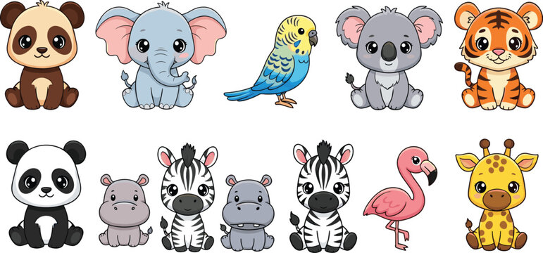 Cute cartoon animals collection featuring bear, elephant, parakeet, koala, tiger, panda, hippo, zebras, flamingo, giraffe, diverse wildlife illustrations for children&rsquo;s projects