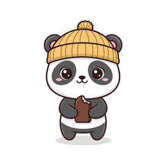 Fototapeta premium Cute panda holding chocolate treat while wearing a knitted hat 