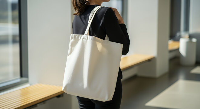 Woman carries a simple stylish white tote bag over her shoulder indoors tote bag mockup mockup fabric bag tote blank canvas cloth design eco fashion cotton shopping empty background