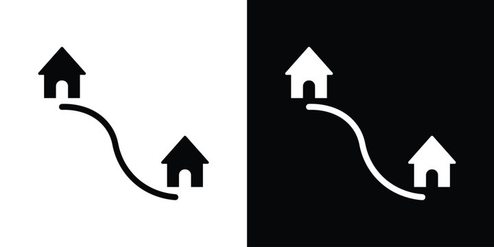 Residential path icon connecting two house symbols. Represents neighborhood navigation, real estate location, home delivery services, and community mapping.