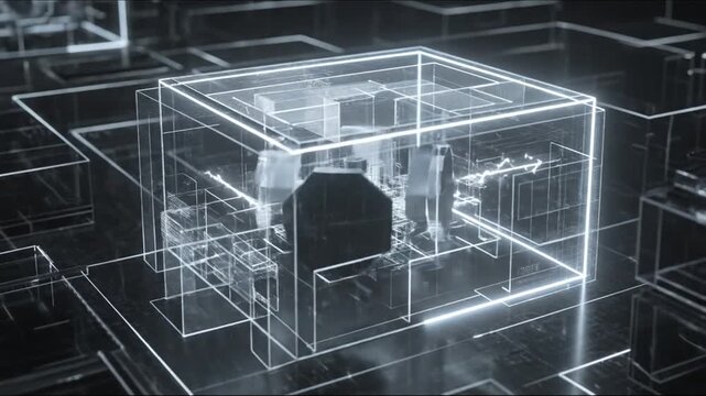 Futuristic digital schematic of a translucent cube with internal mechanics and circuit board details