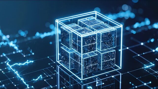 Glowing digital cubes with intricate circuitry float within a larger frame on dark blue background