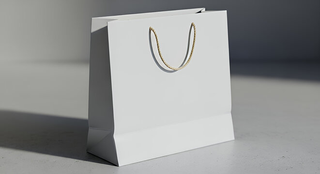 A clean white paper shopping bag with string handles stands upright on a light gray surface creating a simple mockup tote bag mockup mockup fabric bag tote blank canvas cloth design eco fashion cotton