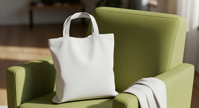 White blank tote bag resting against green chair mockup tote bag mockup mockup fabric bag tote blank canvas cloth design eco fashion cotton shopping empty background
