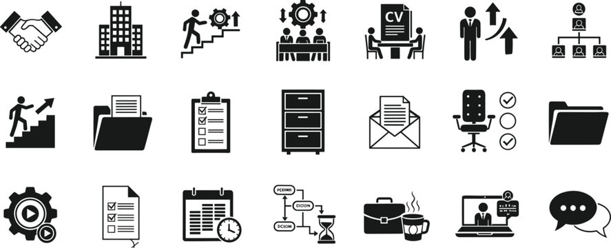 Collection of Business and Office Icons Featuring Career Growth Recruitment Tools Team Meetings and Corporate Workflow Symbols for Professional Management Design