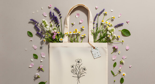 Eco tote bag mockup: floral flatlay tote bag mockup mockup fabric bag tote blank canvas cloth design eco fashion cotton shopping empty background